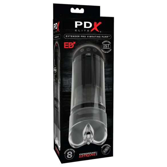 PDX Elite Extender Pro - vagina vibrante e sugadora recarregável (preta)