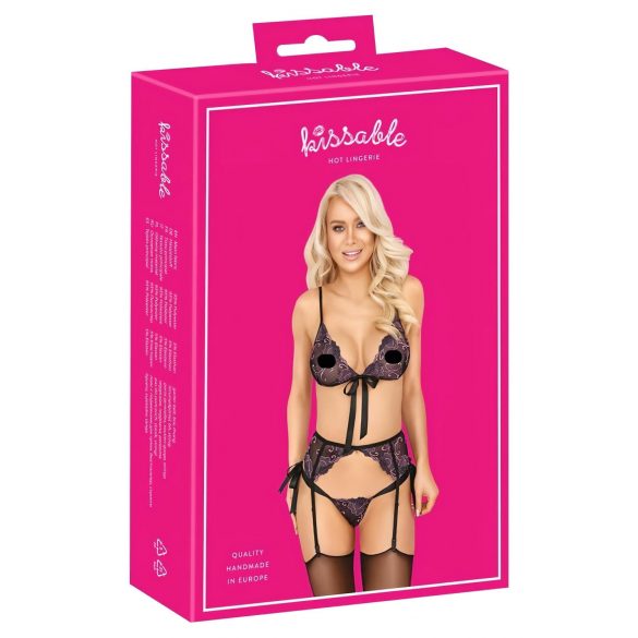 Beijável - Conjunto de sutiã bordado rosa-lilás (preto) - L/XL