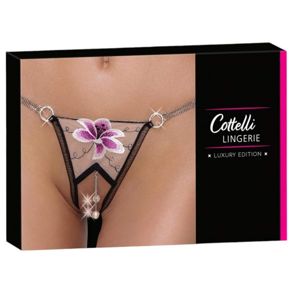 Cottelli - Tanga Luxo com Lírios Bordados (Preto e Branco) - M/L