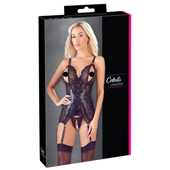 Cottelli - Top Aberto Rendado e Brilhante com Tanga (Preto) - M