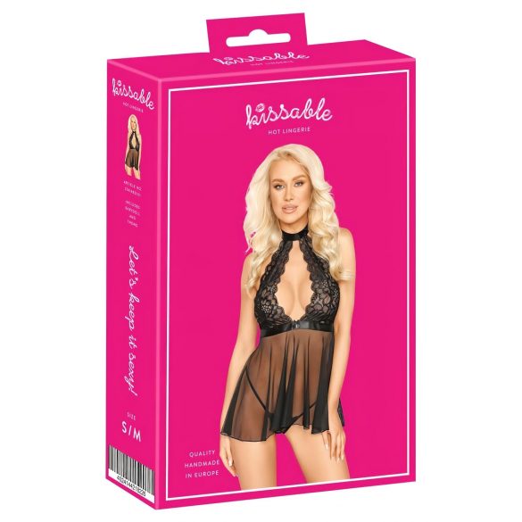 Babydoll de renda beijável com alças - preto - L/XL